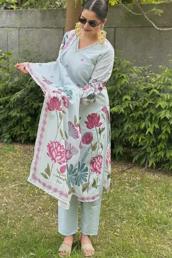 Sky blue color silk blended graceful partywear readymade kurta set