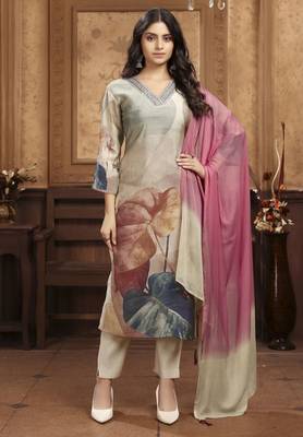 Grey color chanderi partywear readymade kurta set 1