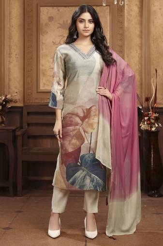 Grey color chanderi fabric designer partywear readymade kurta set