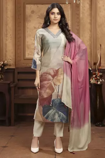 Grey color chanderi fabric designer partywear readymade kurta set