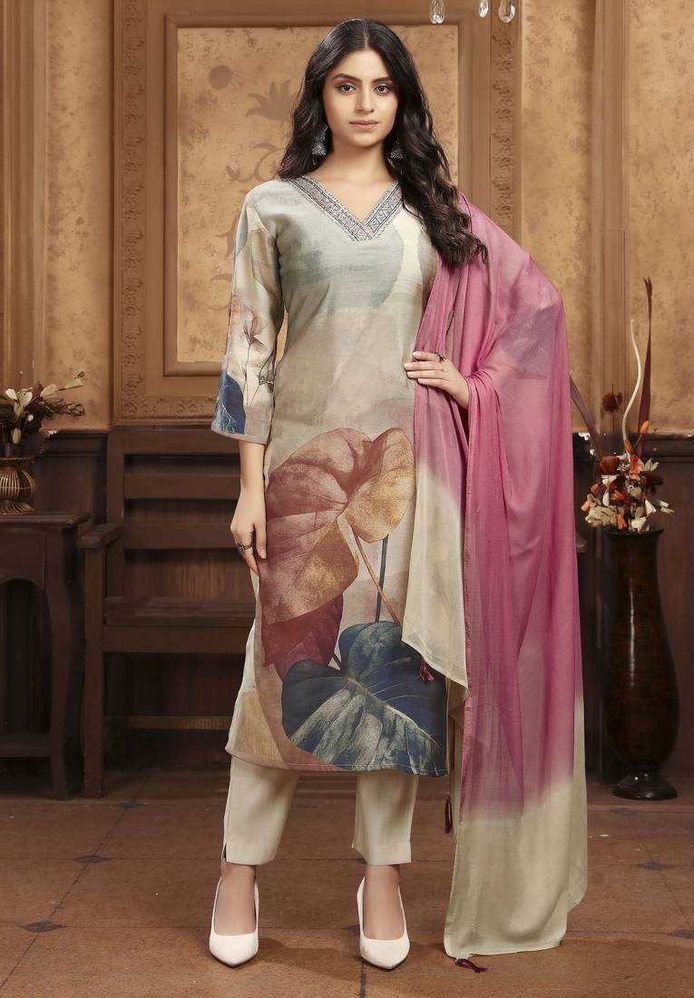 Grey color chanderi fabric designer partywear readymade kurta set
