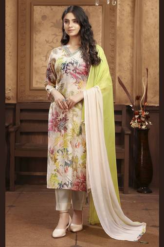 Olive color chanderi fabric designer partywear readymade kurta set