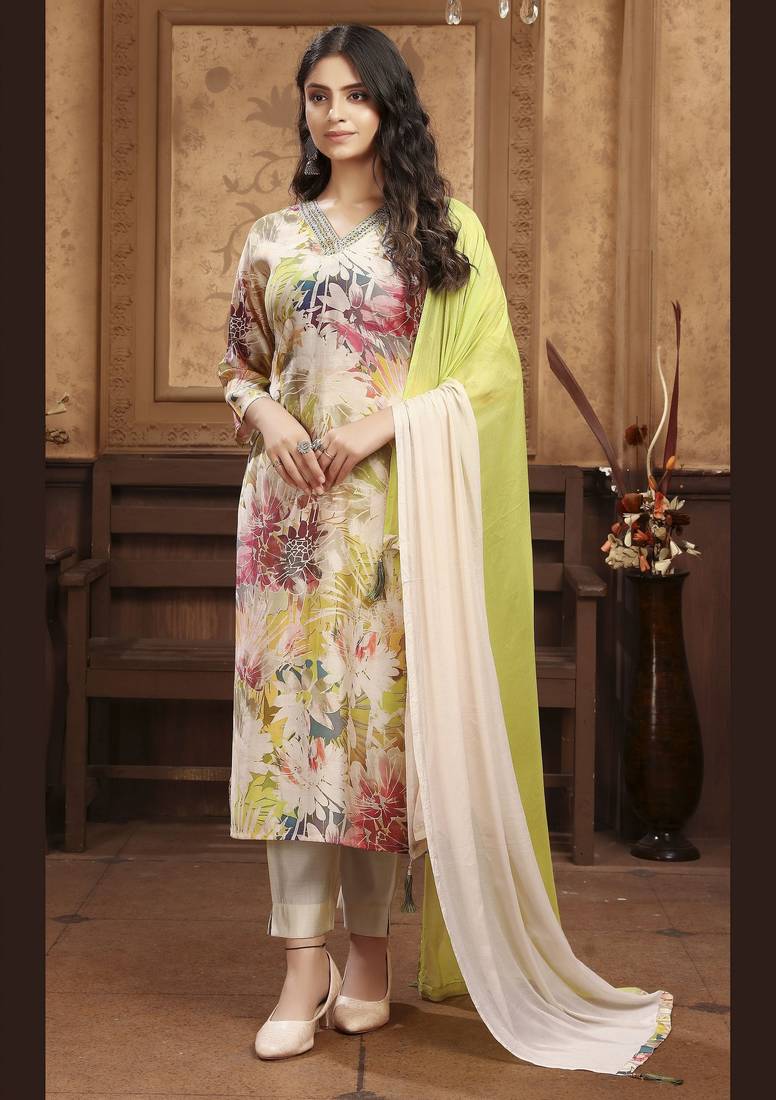 Olive color chanderi fabric designer partywear readymade kurta set