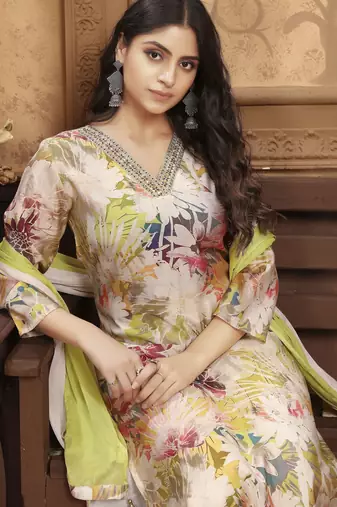 Olive color chanderi partywear readymade kurta set