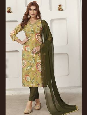 Green color chanderi partywear readymade kurta set 1