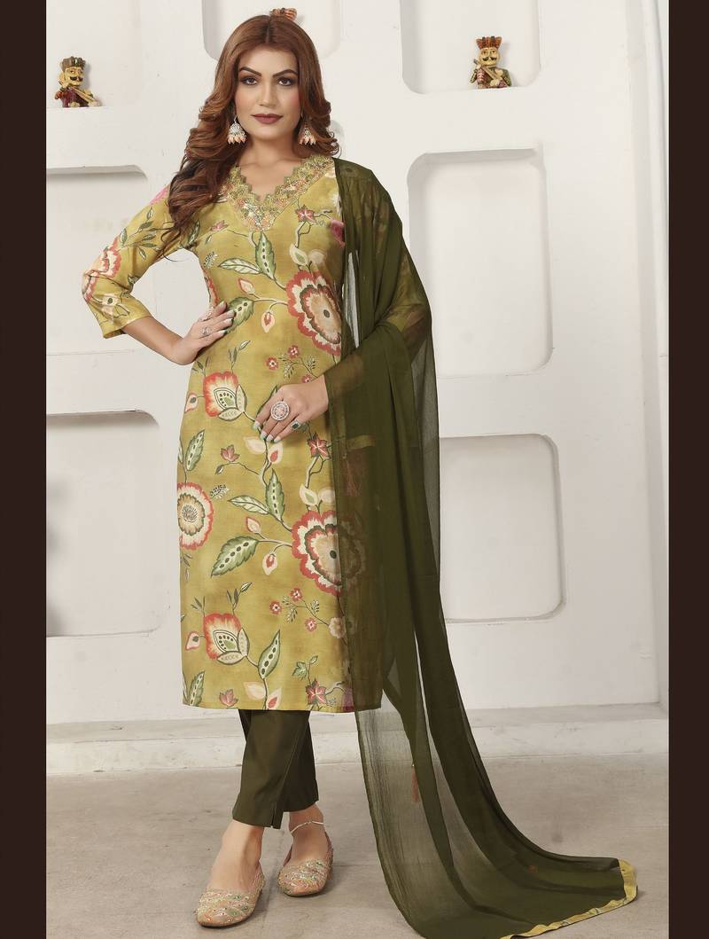 Green color chanderi fabric designer partywear readymade kurta set