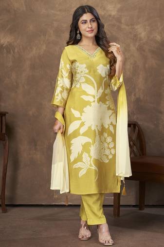 Mustard color chanderi fabric designer partywear readymade kurta set
