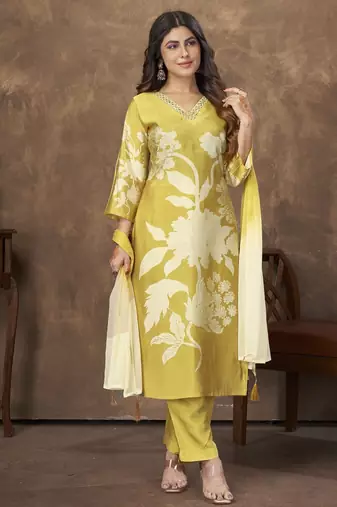 Mustard color chanderi fabric designer partywear readymade kurta set