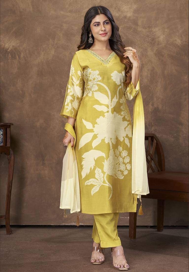 Mustard color chanderi fabric designer partywear readymade kurta set