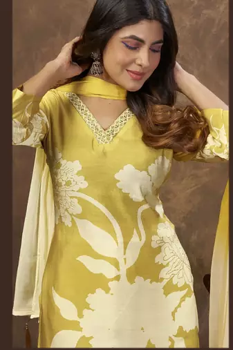 Mustard color chanderi partywear readymade kurta set