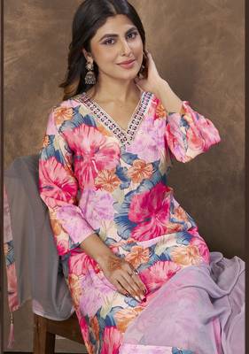 Pink color chanderi partywear readymade kurta set 2