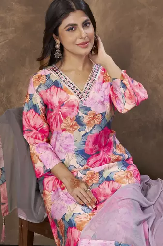 Pink color chanderi partywear readymade kurta set