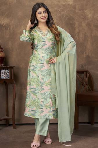 Pista color chanderi fabric designer partywear readymade kurta set