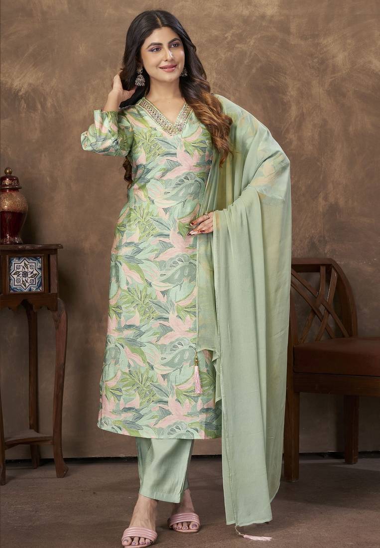 Pista color chanderi fabric designer partywear readymade kurta set