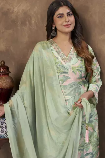 Pista color chanderi partywear readymade kurta set