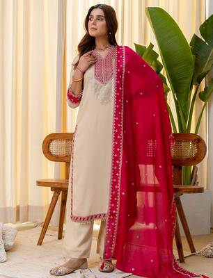 Cream color beautiful silk blend embroidered fancy kurta set 1