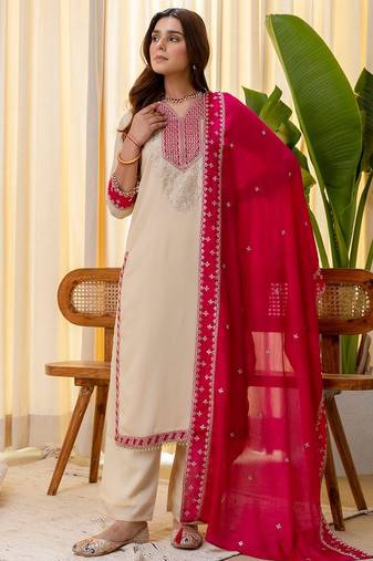 Cream color beautiful silk blend embroidered work fancy kurta set