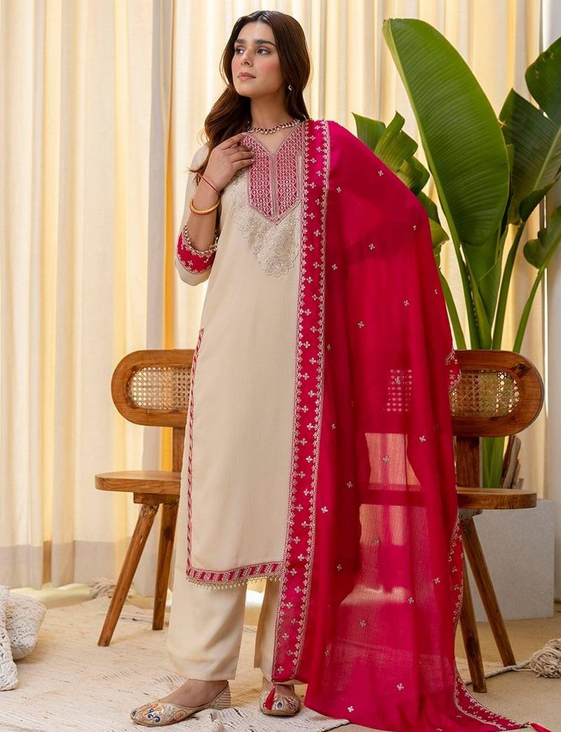 Cream color beautiful silk blend embroidered work fancy kurta set