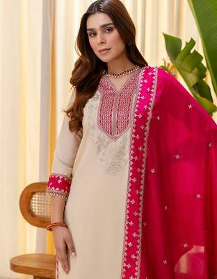 Cream color beautiful silk blend embroidered fancy kurta set 3
