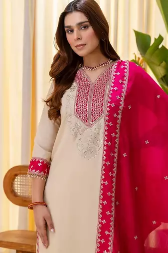 Cream color beautiful silk blend embroidered fancy kurta set