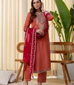 Peach color beautiful silk blend embroidered work fancy kurta set