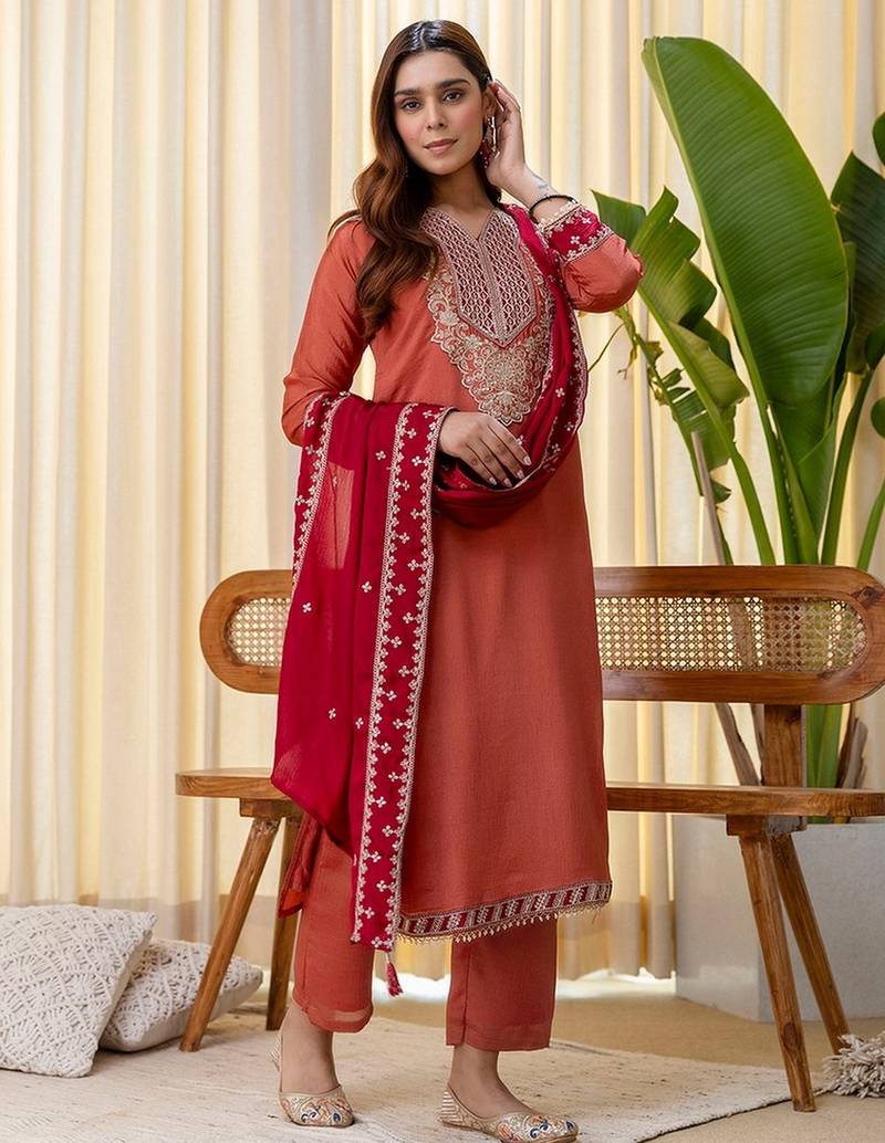 Peach color beautiful silk blend embroidered work fancy kurta set