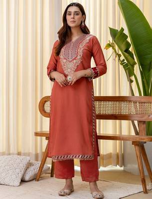 Peach color beautiful silk blend embroidered fancy kurta set 4