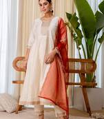 Cream color beautiful silk blend beads embroidered work fancy kurta set