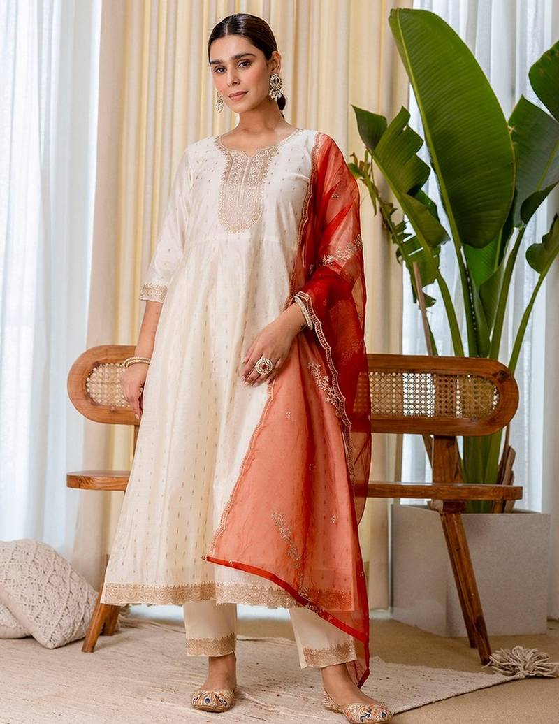 Cream color beautiful silk blend beads embroidered work fancy kurta set