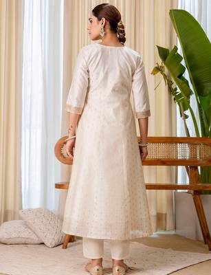 Cream color beautiful silk blend beads embroidered fancy kurta set 2