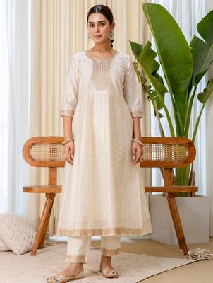 Cream color beautiful silk blend beads embroidered fancy kurta set 4