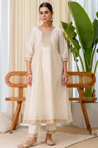 Cream color beautiful silk blend beads embroidered fancy kurta set