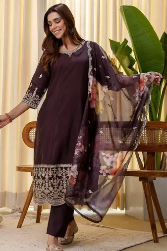 Coffee color beautiful silk blend embroidered work fancy kurta set