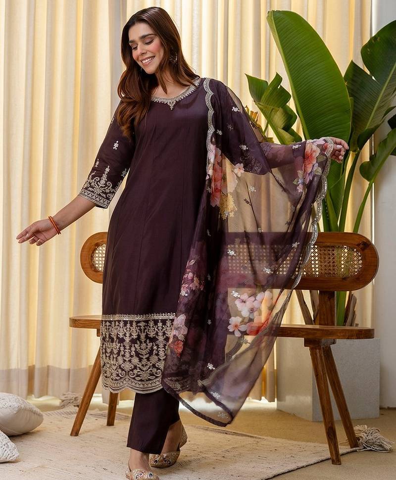 Coffee color beautiful silk blend embroidered work fancy kurta set