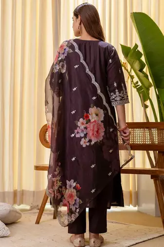Coffee color beautiful silk blend embroidered fancy kurta set