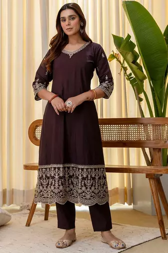 Coffee color beautiful silk blend embroidered fancy kurta set