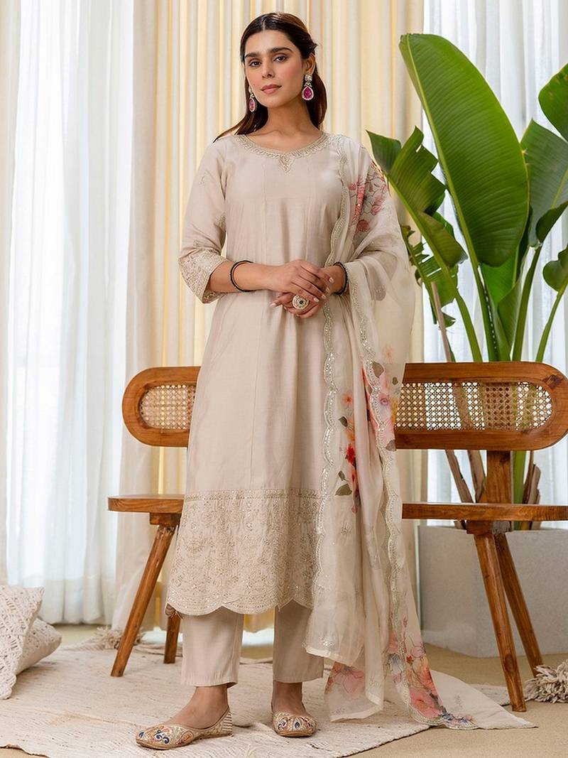Grey color beautiful silk blend embroidered work fancy kurta set