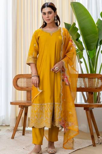 Mustard color beautiful silk blend embroidered work fancy kurta set