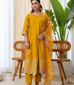 Mustard color beautiful silk blend embroidered work fancy kurta set