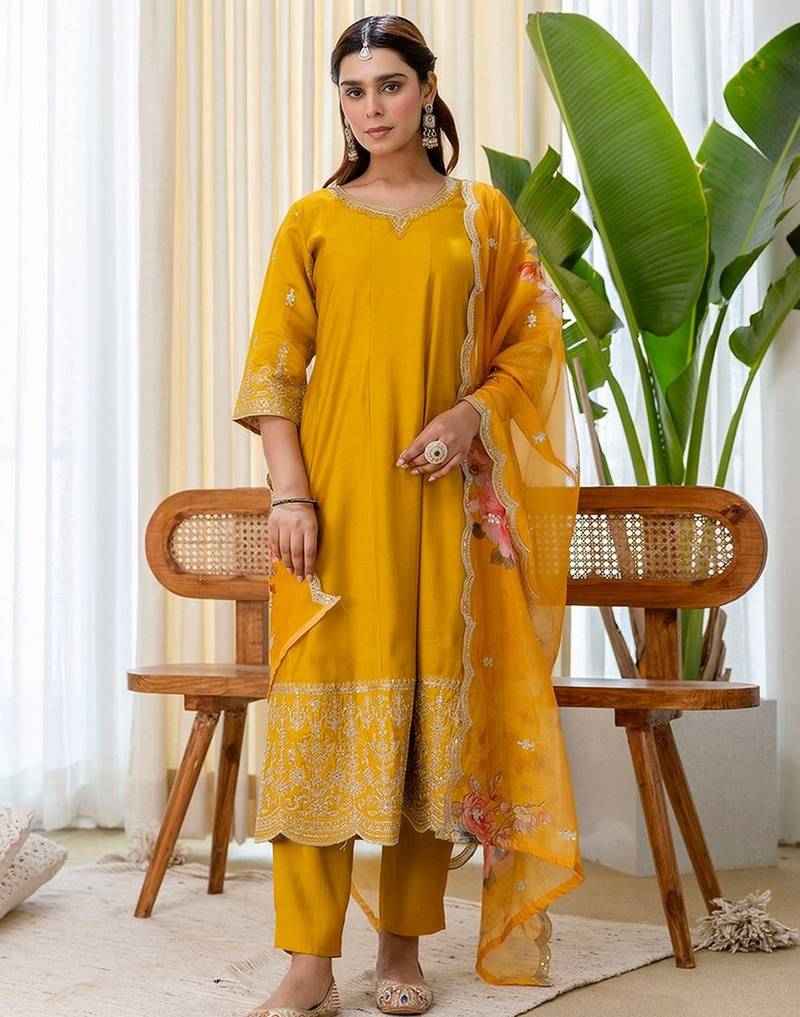 Mustard color beautiful silk blend embroidered work fancy kurta set