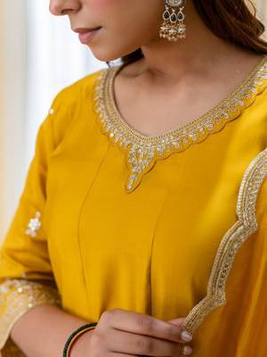 Mustard color beautiful silk blend embroidered fancy kurta set 3