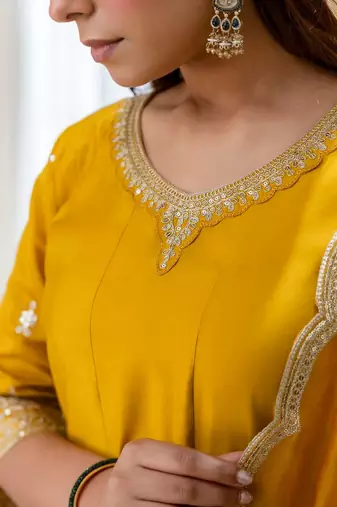Mustard color beautiful silk blend embroidered fancy kurta set