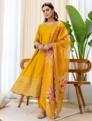 Mustard color beautiful silk blend embroidered fancy kurta set 4