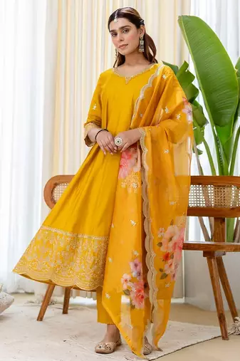 Mustard color beautiful silk blend embroidered fancy kurta set