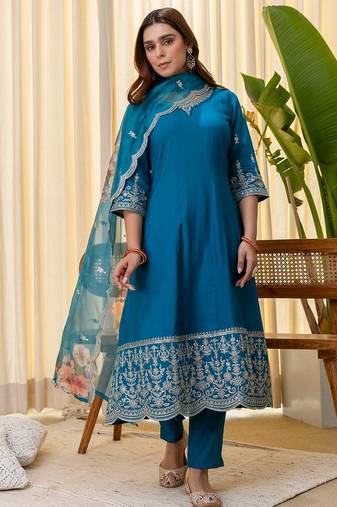 Teal color beautiful silk blend embroidered work fancy kurta set