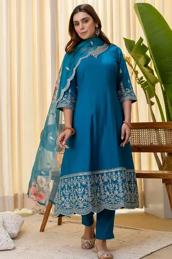 Teal color beautiful silk blend embroidered work fancy kurta set