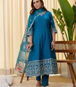 Teal color beautiful silk blend embroidered work fancy kurta set