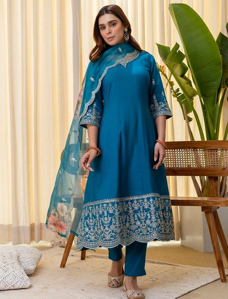 Teal color beautiful silk blend embroidered work fancy kurta set