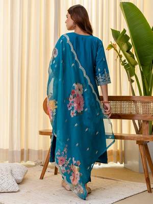 Teal color beautiful silk blend embroidered fancy kurta set 2