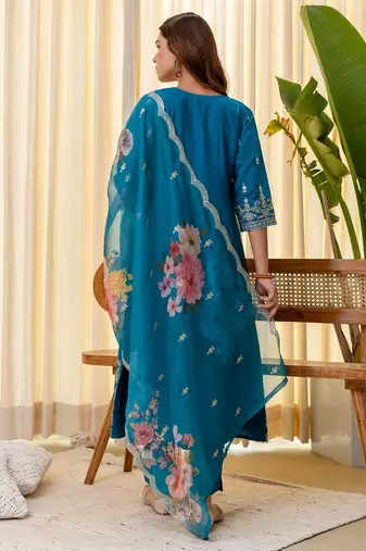 Teal color beautiful silk blend embroidered fancy kurta set